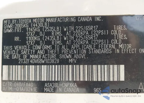 2011 Toyota Rav4 from USA, damaged, VIN 2T3ZF4DV6BW103828